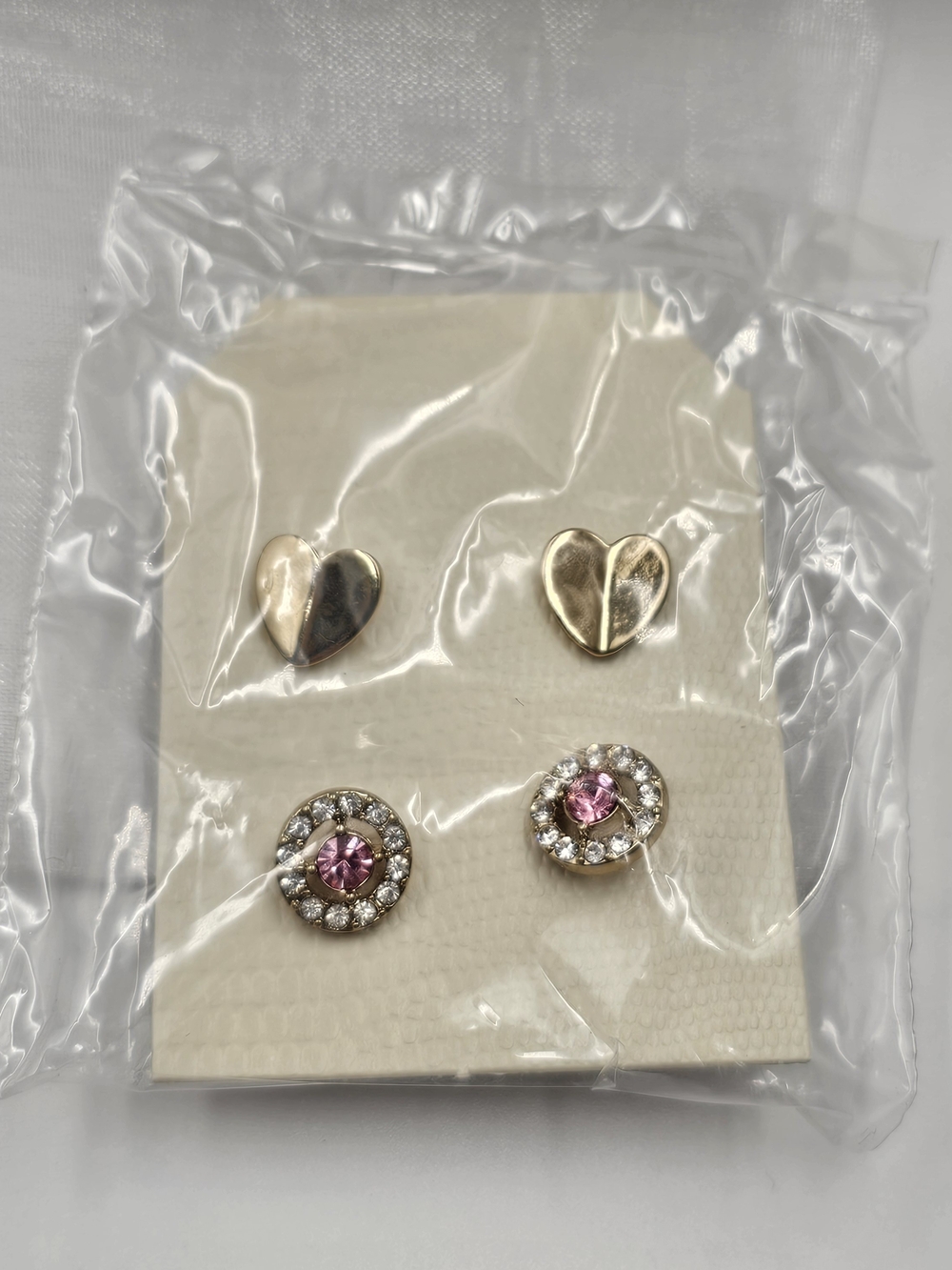 Gold Heart and Pink Crystal Stud Earring Set